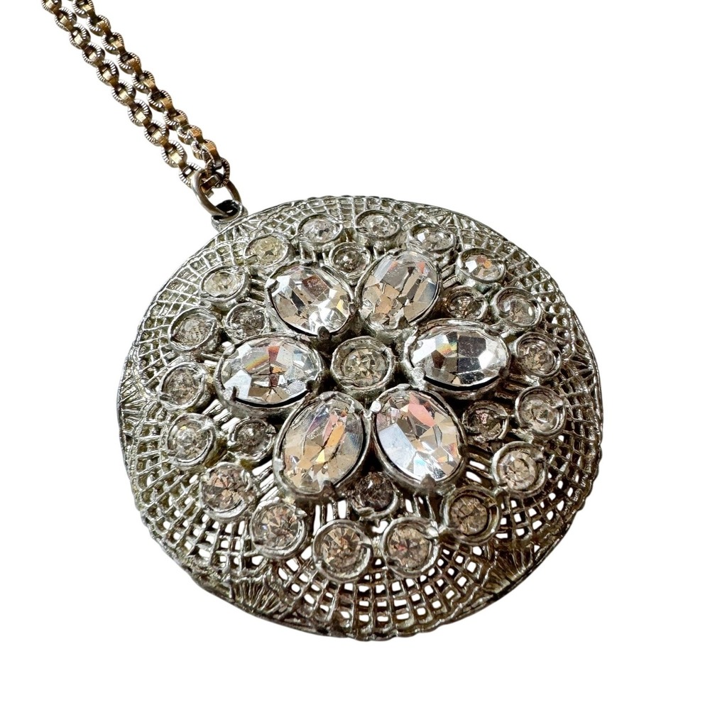 Vintage Art Deco‎ Filigree Medallion Rhinestone Pendant Necklace Heirloom Estate